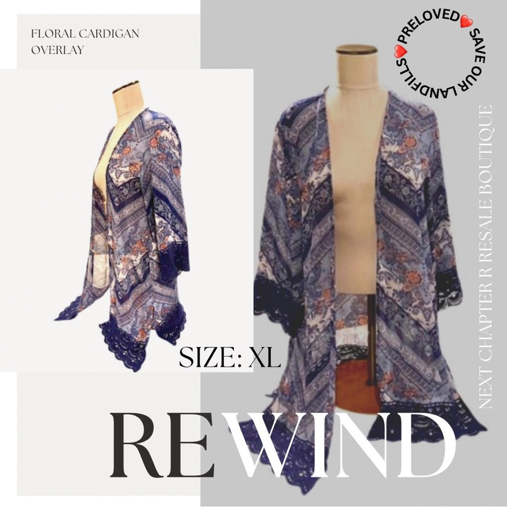 2 for $25 Rewind blue floral cardigan overlay top for women’s. Size XL